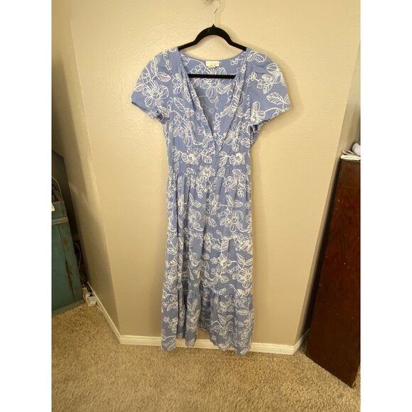 Cynthia Rowley Blue Floral Maxi Dress Cotton L Short Sleeve Smocked Waist Casual - Picture 1 of 7